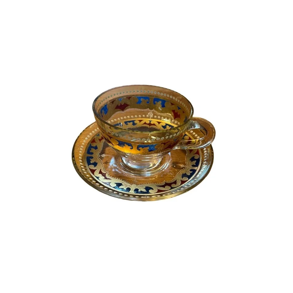 Vintage Murano Teacup Saucer Set Amber Gold Hand Painted Venetian Glass Italy